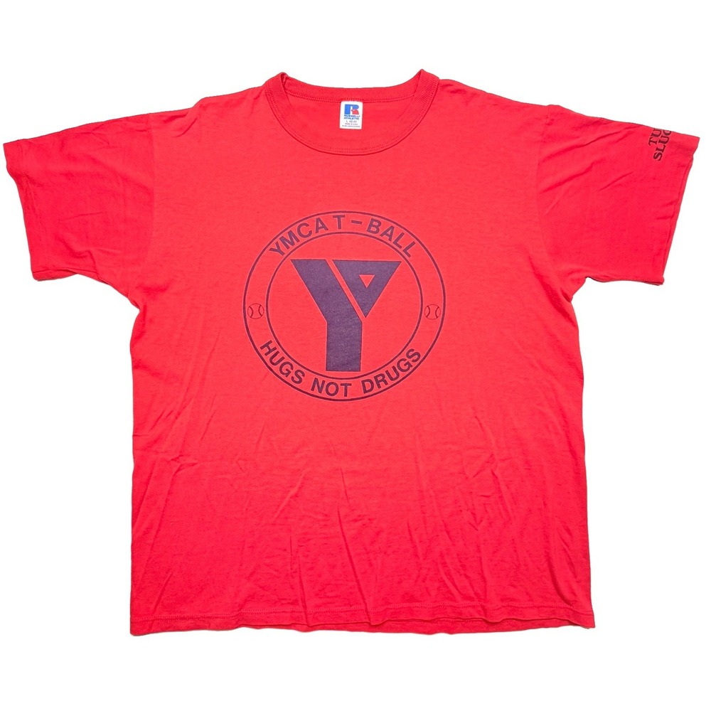 Vintage Russell Athletic YMCA T Ball Hugs Not Drugs Tee Large USA Single Stitch